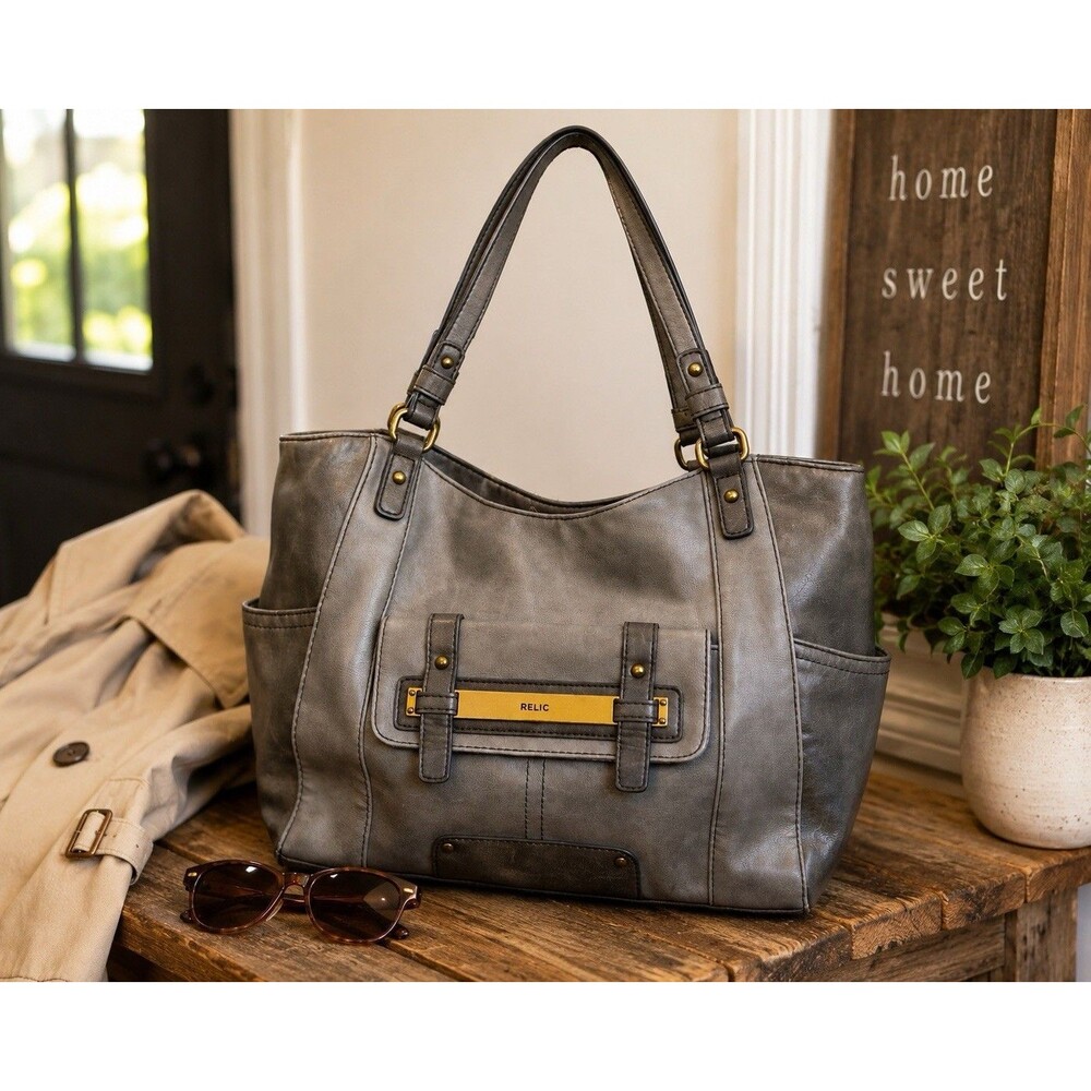Relic Gray Faux Leather Tote Shoulder Bag Large Pocketed Everyday Carry Purse